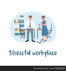 Problem at work 2D vector web banner, poster. Stressful workplace phrase. Frustrated flat characters on cartoon background. Tired employee. Stress from job printable patch, colorful web element. Problem at work 2D vector web banner, poster