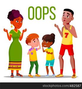 Problem Reaction, Oops Vector Word Concept Banner. People With Oops, Confused Face Expression Cartoon Characters. African American Woman Shrug, Kids Feeling Lost, Uncertain Man Flat Illustration. Problem Reaction, Oops Vector Word Concept Banner