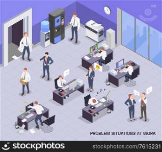 Problem situations at work isometric colored composition with open space and working process vector illustration