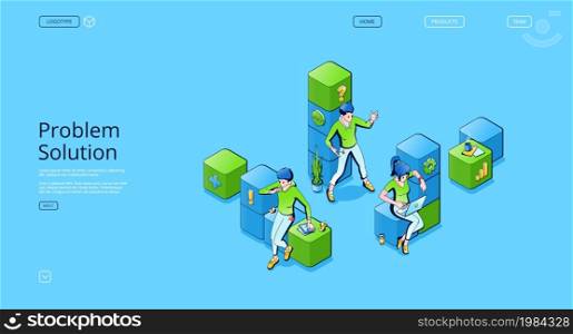 Problem solution isometric landing page, business people in office or coworking area work on laptops solve issues, employees teamwork, strategy for goal achievement, 3d vector line art web banner. Problem solution isometric landing page, business