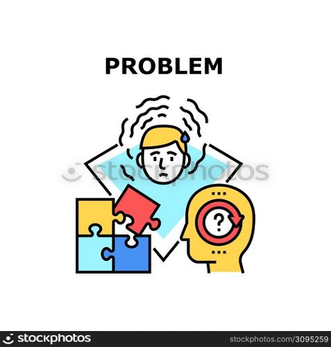 Problem Solve Vector Icon Concept. Frustrated And Sadness Manager Searching Way For Problem Solve, Thinking Strategy And Search Solution. Question And Answer Think Color Illustration. Problem Solve Vector Concept Color Illustration