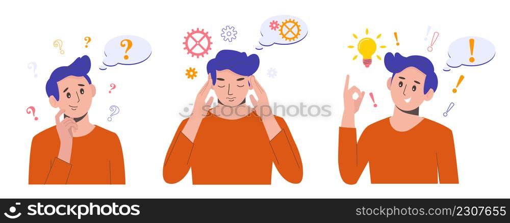 Problem solving concept. A man thinks and solves a problem. A question mark and a luminous bulb as symbols of the appearance of a creative idea. Cartoon flat illustration isolated on white background.. Problem solving concept. A man thinks and solves a problem. A question mark and a luminous bulb as symbols of the appearance of a creative idea. Cartoon flat illustration
