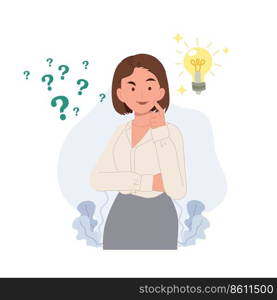 problem solving concept, Businesswoman thinking, with question mark and light bulb icons. creative idea.vector illustrations