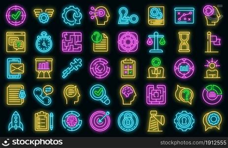 Problem solving icons set. Outline set of problem solving vector icons neon color on black. Problem solving icons set vector neon