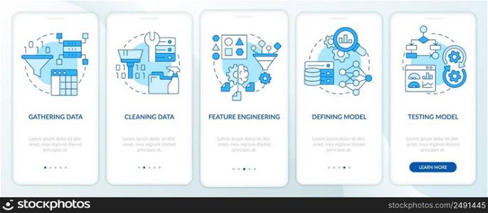 Problem solving in machine learning blue onboarding mobile app screen. Walkthrough 5 steps graphic instructions pages with linear concepts. UI, UX, GUI template. Myriad Pro-Bold, Regular fonts used. Problem solving in machine learning blue onboarding mobile app screen