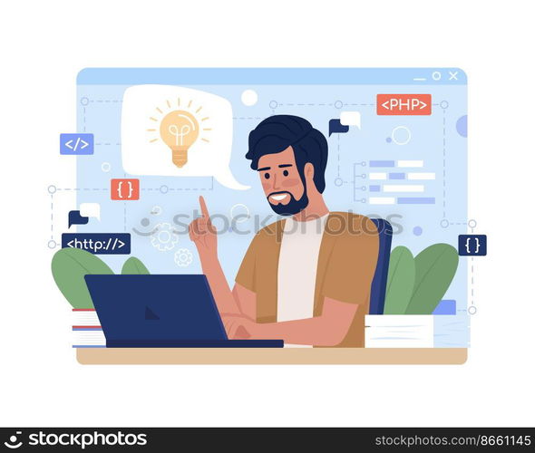 Problem solving in software development 2D vector isolated illustration. Implement solution. Programmer flat character on cartoon background.  olourful editable scene for mobile, website, presentation. Problem solving in software development 2D vector isolated illustration