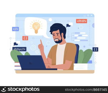 Problem solving in software development 2D vector isolated illustration. Implement solution. Programmer flat character on cartoon background.  olourful editable scene for mobile, website, presentation. Problem solving in software development 2D vector isolated illustration