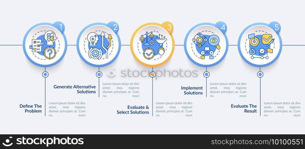 Problem solving steps vector infographic template. Creative thinking presentation design elements. Data visualization with 5 steps. Process timeline chart. Workflow layout with linear icons. Problem solving steps vector infographic template