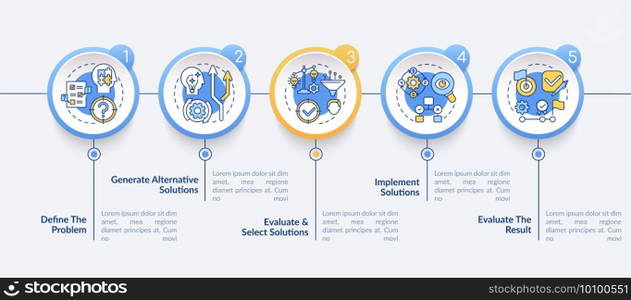 Problem solving steps vector infographic template. Creative thinking presentation design elements. Data visualization with 5 steps. Process timeline chart. Workflow layout with linear icons. Problem solving steps vector infographic template