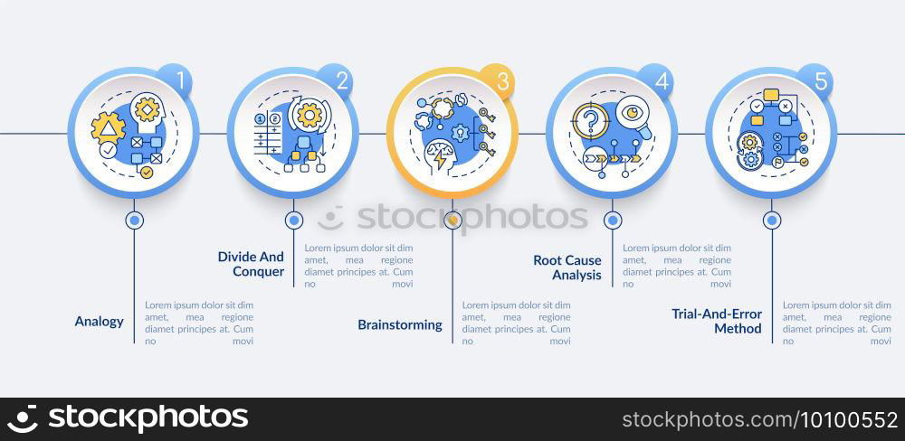 Problem solving strategies vector infographic template. Creative thinking presentation design elements. Data visualization with 5 steps. Process timeline chart. Workflow layout with linear icons. Problem solving strategies vector infographic template