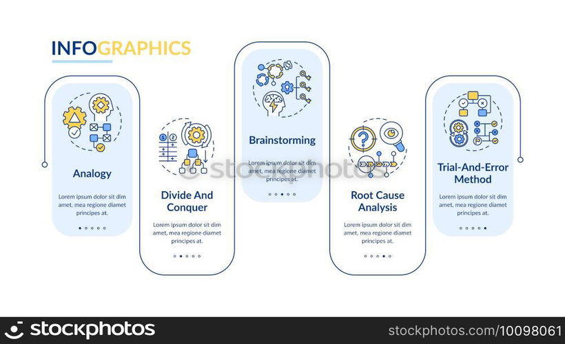 Problem solving tactics vector infographic template. Creative thinking presentation design elements. Data visualization with 5 steps. Process timeline chart. Workflow layout with linear icons. Problem solving tactics vector infographic template