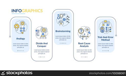 Problem solving tactics vector infographic template. Creative thinking presentation design elements. Data visualization with 5 steps. Process timeline chart. Workflow layout with linear icons. Problem solving tactics vector infographic template