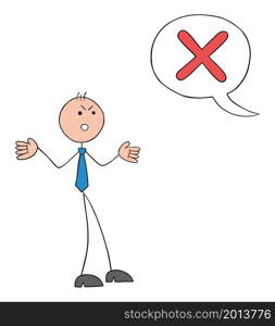Problem, stickman businessman is very angry because he was rejected. Hand drawn outline cartoon vector illustration.