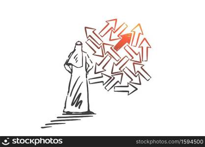 Problem, trouble, risk, danger concept sketch. Man from Saudi Arabia standing and trying to choose right direction from variety. Hand drawn isolated vector illustration. Problem, trouble, risk, danger concept sketch. Hand drawn isolated vector illustration