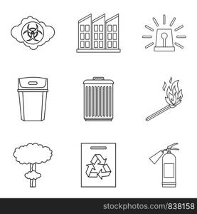 Problem with ecology icons set. Outline set of 9 problem with ecology vector icons for web isolated on white background. Problem with ecology icons set, outline style