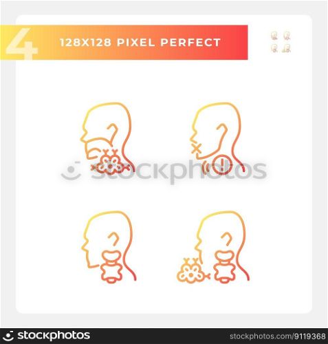 Problem with throat cure pixel perfect gradient linear vector icons set. Healthcare for patients. Gullet diagnostics. Thin line contour symbol designs bundle. Isolated outline illustrations collection. Problem with throat cure pixel perfect gradient linear vector icons set