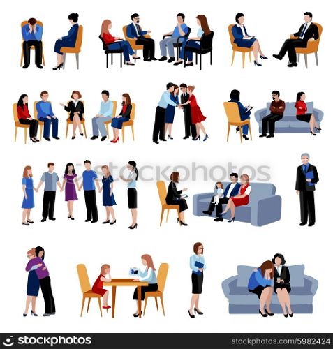 Problematic families counseling flat icons set. Family and relationship problems counseling and therapy with support group flat icons collection abstract isolated vector illustration
