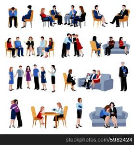 Problematic families counseling flat icons set. Family and relationship problems counseling and therapy with support group flat icons collection abstract isolated vector illustration