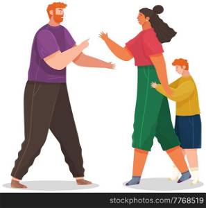 Problems and conflict in family, fight and arguing, quarreling over child in family. Cartoon angry parents swearing. Unhappy boy teenager. Dispute man and woman. Toxic relationships between people. Problems and conflict in family, fight and arguing, quarreling over child in family. Unhappy boy