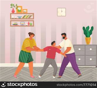 Problems and conflict in family, fight and arguing, quarreling over child in family. Cartoon angry parents swearing. Unhappy boy teenager. Dispute man and woman. Toxic relationships between people. Problems and conflict in family, fight and arguing, quarreling over child in family. Unhappy boy