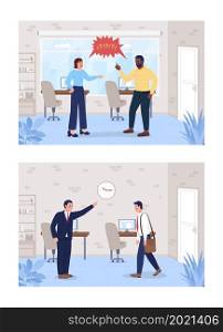 Problems at work flat color vector illustration set. Bad communication. Employee late to office. Colleagues 2D cartoon characters with corporate workplace interior on background pack. Problems at work flat color vector illustration set