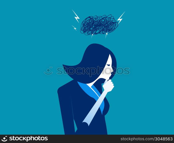 Problems. Dark cloud on businesswoman head. Cloud lightning storm. Concept business vector illustration.