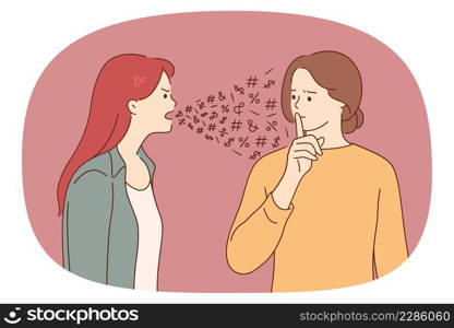 Problems in communication and conflict concept. One woman feeling angry shouting at another girl showing silence gesture with hand vector illustration . Problems in communication and conflict concept