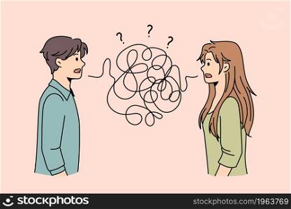 Problems in communication of couple concept. Frustrated young man and woman standing with thorn thread between them having troubles with understanding each other vector illustration . Problems in communication of couple concept.