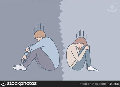 Problems in couple relations concept. Young sad depressed couple sitting back to back crying feeling lonely having bad relationships splitting up vector illustration . Problems in couple relations concept.