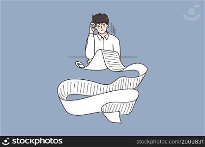 Problems in financial bills concept. Young stressed man worker accountant sitting and looking at long papers of bills feeling stressed vector illustration . Problems in financial bills concept.