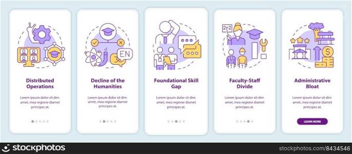 Problems in higher education onboarding mobile app screen. Walkthrough 5 steps editable graphic instructions with linear concepts. UI, UX, GUI template. Myriad Pro-Bold, Regular fonts used. Problems in higher education onboarding mobile app screen