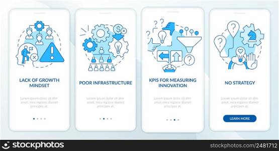 Problems in innovation management blue onboarding mobile app screen. Walkthrough 4 steps graphic instructions pages with linear concepts. UI, UX, GUI template. Myriad Pro-Bold, Regular fonts used. Problems in innovation management blue onboarding mobile app screen