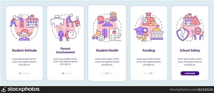 Problems in public schools onboarding mobile app screen. Walkthrough 5 steps editable graphic instructions with linear concepts. UI, UX, GUI template. Myriad Pro-Bold, Regular fonts used. Problems in public schools onboarding mobile app screen