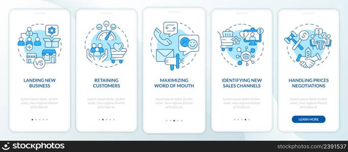 Problems in sales management blue onboarding mobile app screen. Walkthrough 5 steps graphic instructions pages with linear concepts. UI, UX, GUI template. Myriad Pro-Bold, Regular fonts used. Problems in sales management blue onboarding mobile app screen