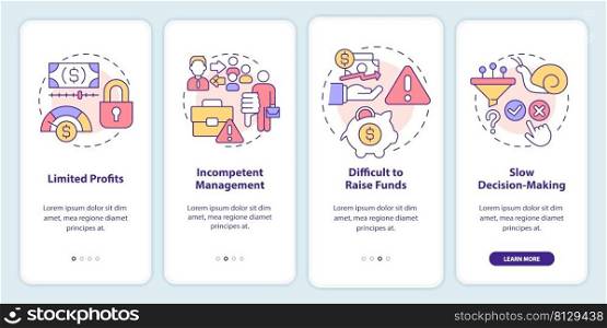 Problems of co-ops onboarding mobile app screen. Partnership issues walkthrough 4 steps graphic instructions pages with linear concepts. UI, UX, GUI template. Myriad Pro-Bold, Regular fonts used. Problems of co-ops onboarding mobile app screen
