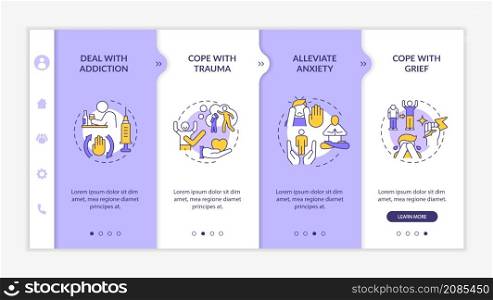 Problems to solve in group purple and white onboarding template. Alleviation. Responsive mobile website with linear concept icons. Web page walkthrough 4 step screens. Lato-Bold, Regular fonts used. Problems to solve in group purple and white onboarding template