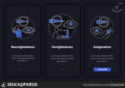 Problems to treat with laser black onboarding mobile app page screen. Process walkthrough 3 steps graphic instructions with concepts. UI, UX, GUI vector template with linear night mode illustrations. Problems to treat with laser black onboarding mobile app page screen