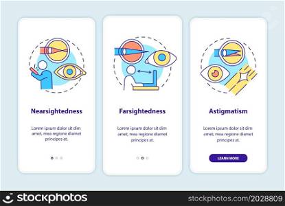 Problems to treat with the laser onboarding mobile app page screen. Eye surgery walkthrough 3 steps graphic instructions with concepts. UI, UX, GUI vector template with linear color illustrations. Problems to treat with the laser onboarding mobile app page screen