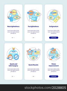 Problems to treat with the laser onboarding mobile app page screen set. Surgery walkthrough 6 steps graphic instructions with concepts. UI, UX, GUI vector template with linear color illustrations. Problems to treat with the laser onboarding mobile app page screen