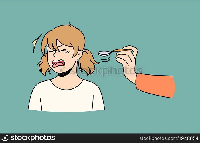 Problems with appetite children concept. Irritated stressed small girl cartoon character refusing to eat food from spoon from hand vector illustration. Problems with appetite children concept.