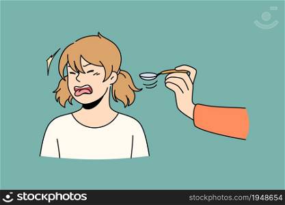 Problems with appetite children concept. Irritated stressed small girl cartoon character refusing to eat food from spoon from hand vector illustration. Problems with appetite children concept.