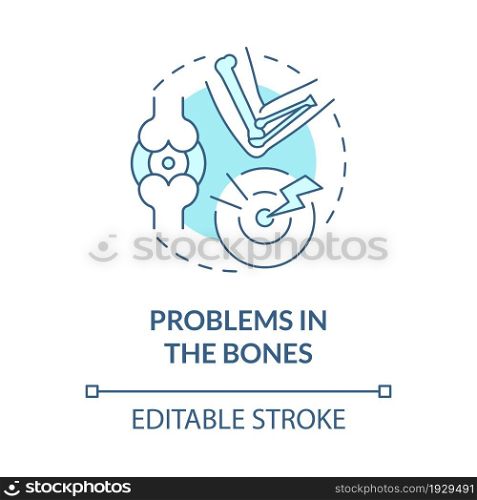 Problems with bones blue concept icon. Accute pain in joint. Physical disorder. Physiotherapy abstract idea thin line illustration. Vector isolated outline color drawing. Editable stroke. Problems with bones blue concept icon