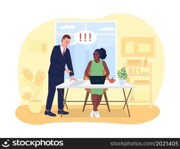 Problems with boss in office 2D vector isolated illustration. Intrusive manager. Coworkers at workplace flat characters on cartoon background. Corporate job challenges colourful scene. Problems with boss in office 2D vector isolated illustration