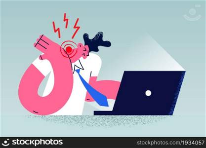 Problems with health with computer concept. Young man worker cartoon character sitting touching painful neck looking at laptop screen in office vector illustration . Problems with health with computer concept