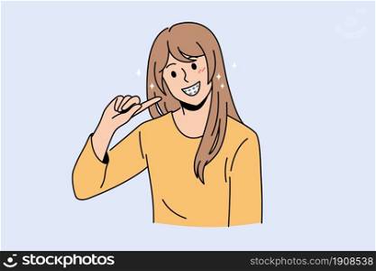 Problems with teeth and dental crisis concept. Young smiling girl cartoon character standing pointing at her bad black teeth with cavity vector illustration . Problems with teeth and dental crisis concept
