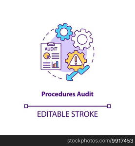 Procedures audit concept icon. Warehouse audit elements. Check if transactions have been recorded. Business idea thin line illustration. Vector isolated outline RGB color drawing. Editable stroke. Procedures audit concept icon