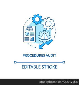 Procedures audit concept icon. Warehouse audit elements. Check if transactions have been saved. Business idea thin line illustration. Vector isolated outline RGB color drawing. Editable stroke. Procedures audit concept icon