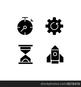 Process and operation black glyph icons set on white space. Download update. Loading time. Launching website. Silhouette symbols. Solid pictogram pack. Vector isolated illustration. Process and operation black glyph icons set on white space