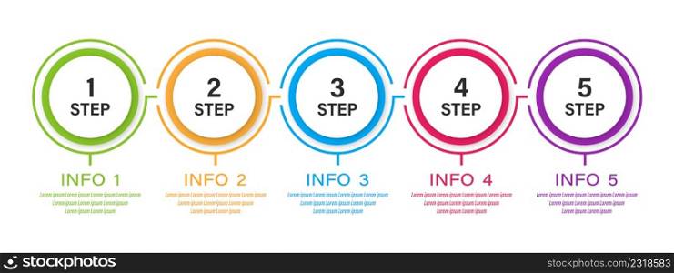Process chart template with 5 options, steps and numbers. Business timeline Infographic element round shape. Mockup for diagram, graph, presentation. Vector illustration. . Process chart template with 5 options, steps and numbers. Business timeline Infographic element round shape.