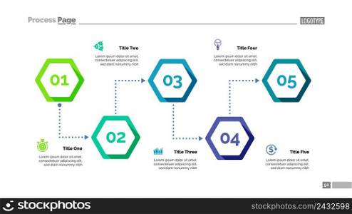 Process chart with five elements. Step diagram, graph, layout. Creative concept for infographics, presentation, project, report. Can be used for topics like business, management, workflow